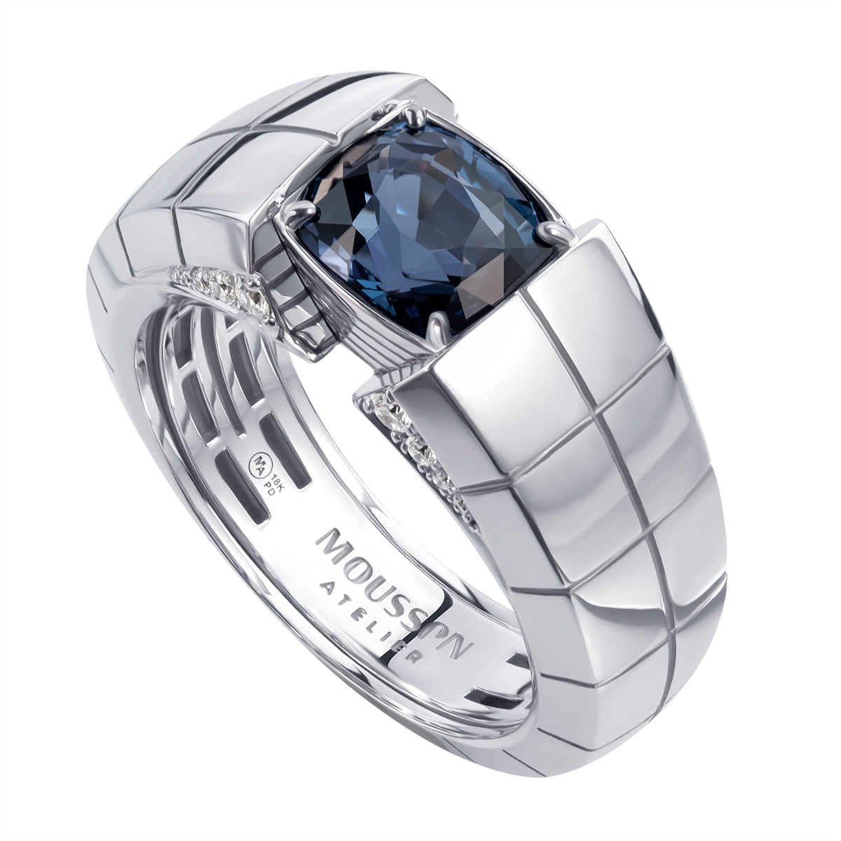 Blue Spinel, Diamonds, 18K White Gold, Male Ring, R 0019-0