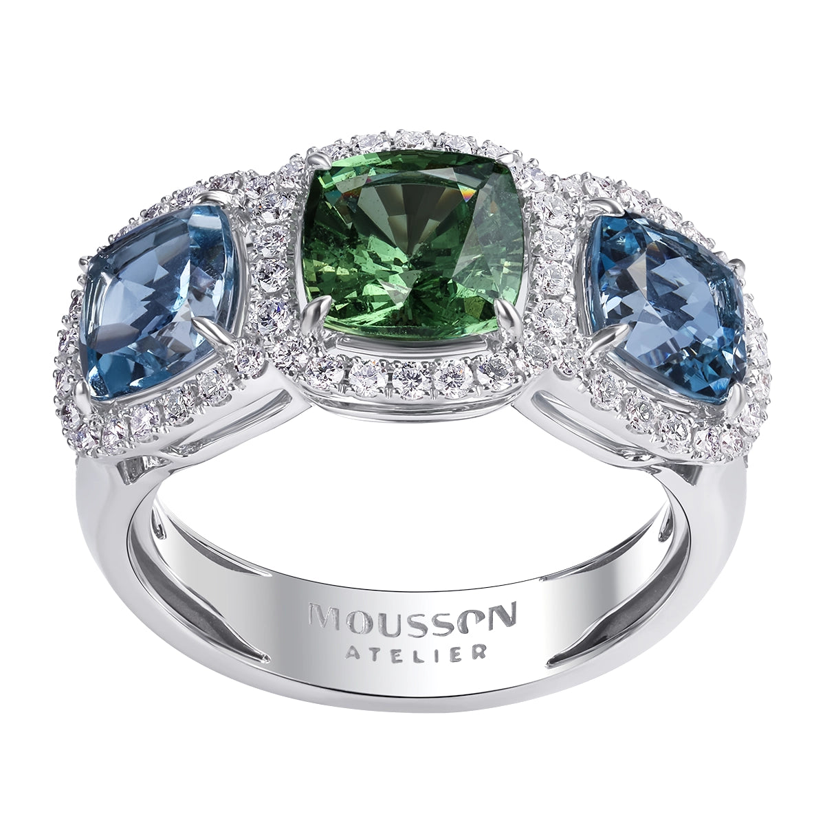 Aquamarine, Tsavorite, Diamonds 18K White Gold Ring, R 0022-01