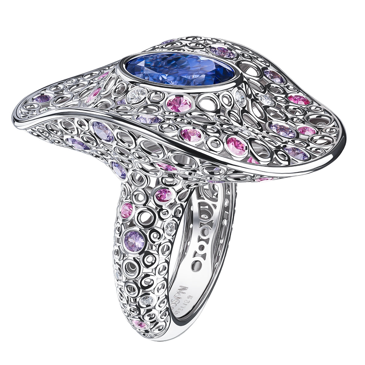 Tanzanite, Diamonds, Purple Pink Sapphires 18K White Gold Ring, R 0023-60