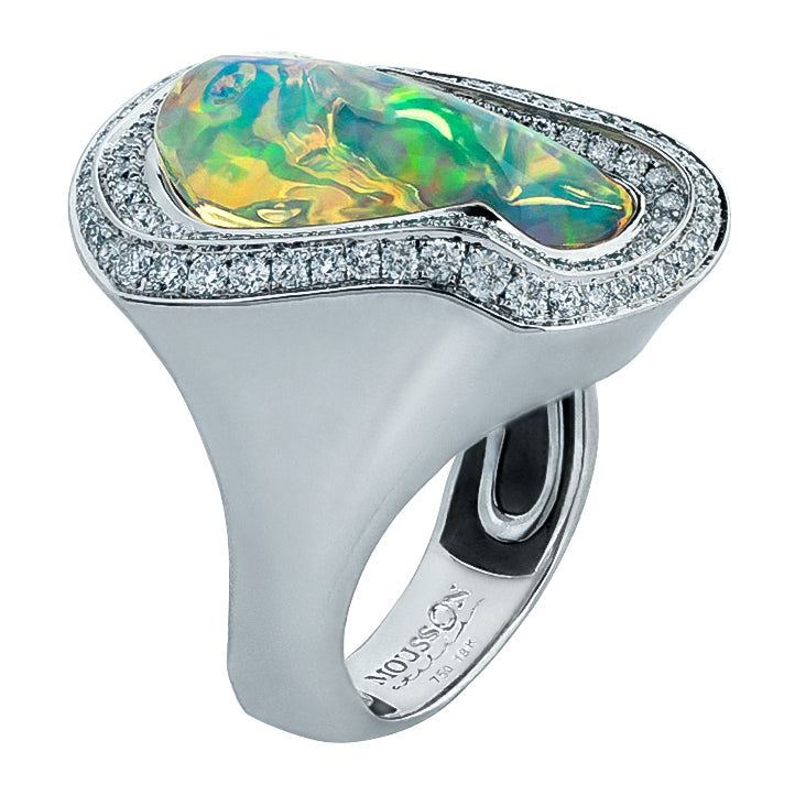 R 0029-13 18K White Gold, Mexican Fire Opal, Diamonds Ring