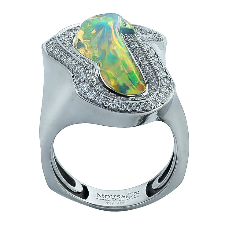 R 0029-13 18K White Gold, Mexican Fire Opal, Diamonds Ring