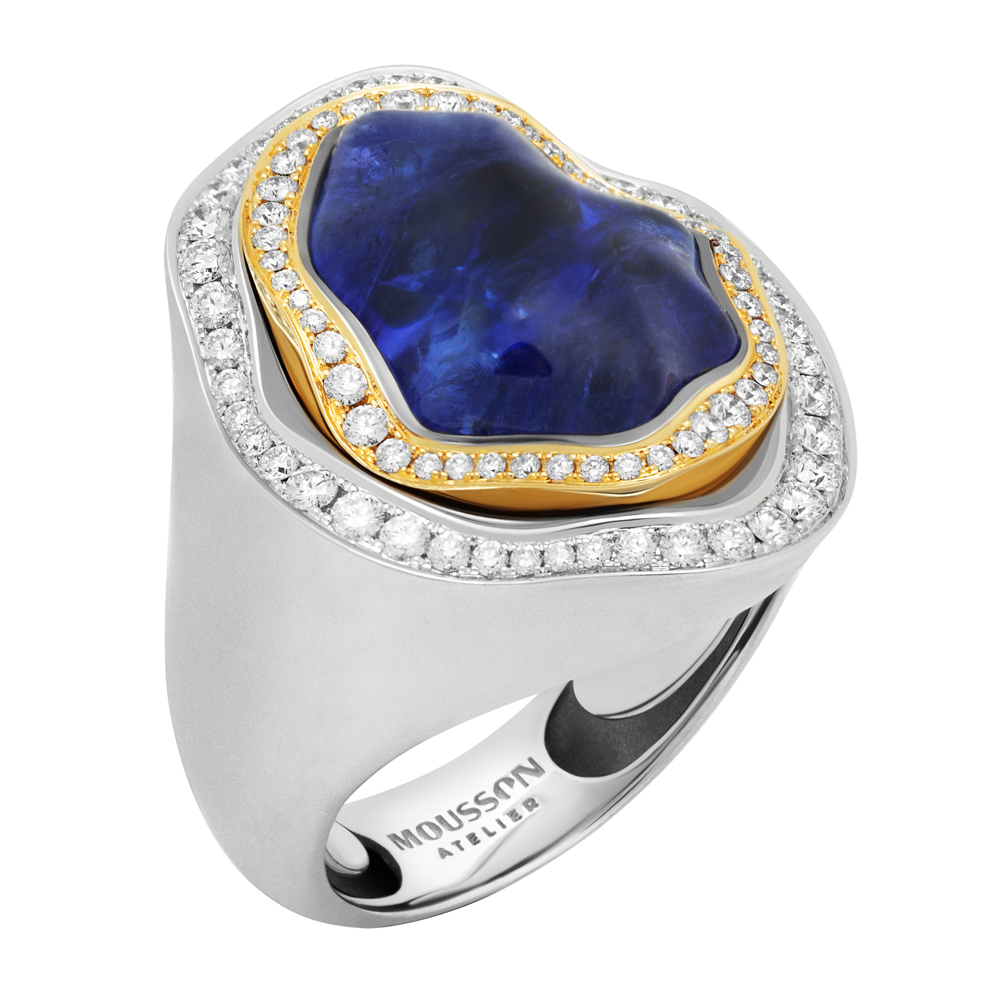 R 0030-21/1 18K White and Yellow Gold, Tanzanite, Diamonds Ring