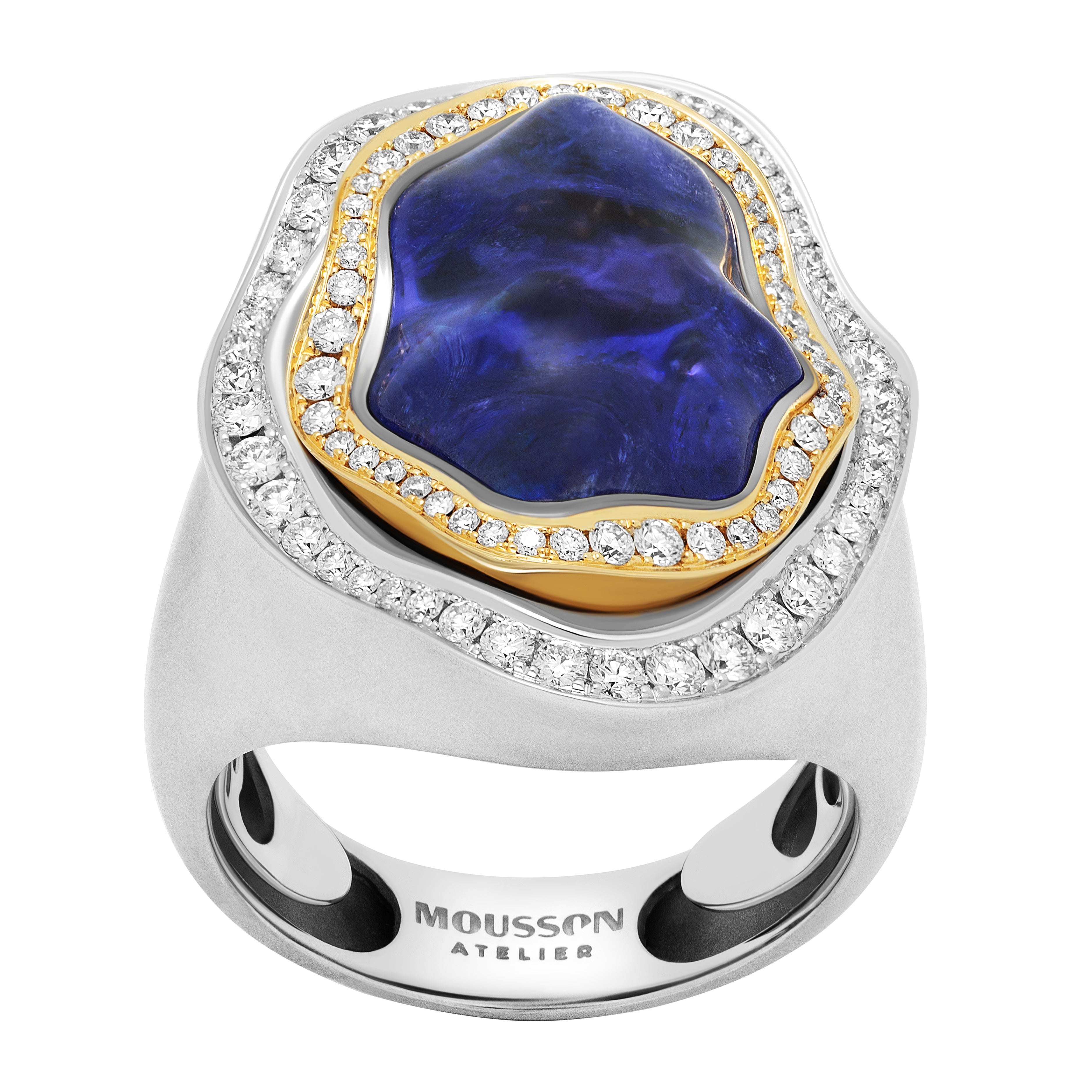 R 0030-21/1 18K White and Yellow Gold, Tanzanite, Diamonds Ring