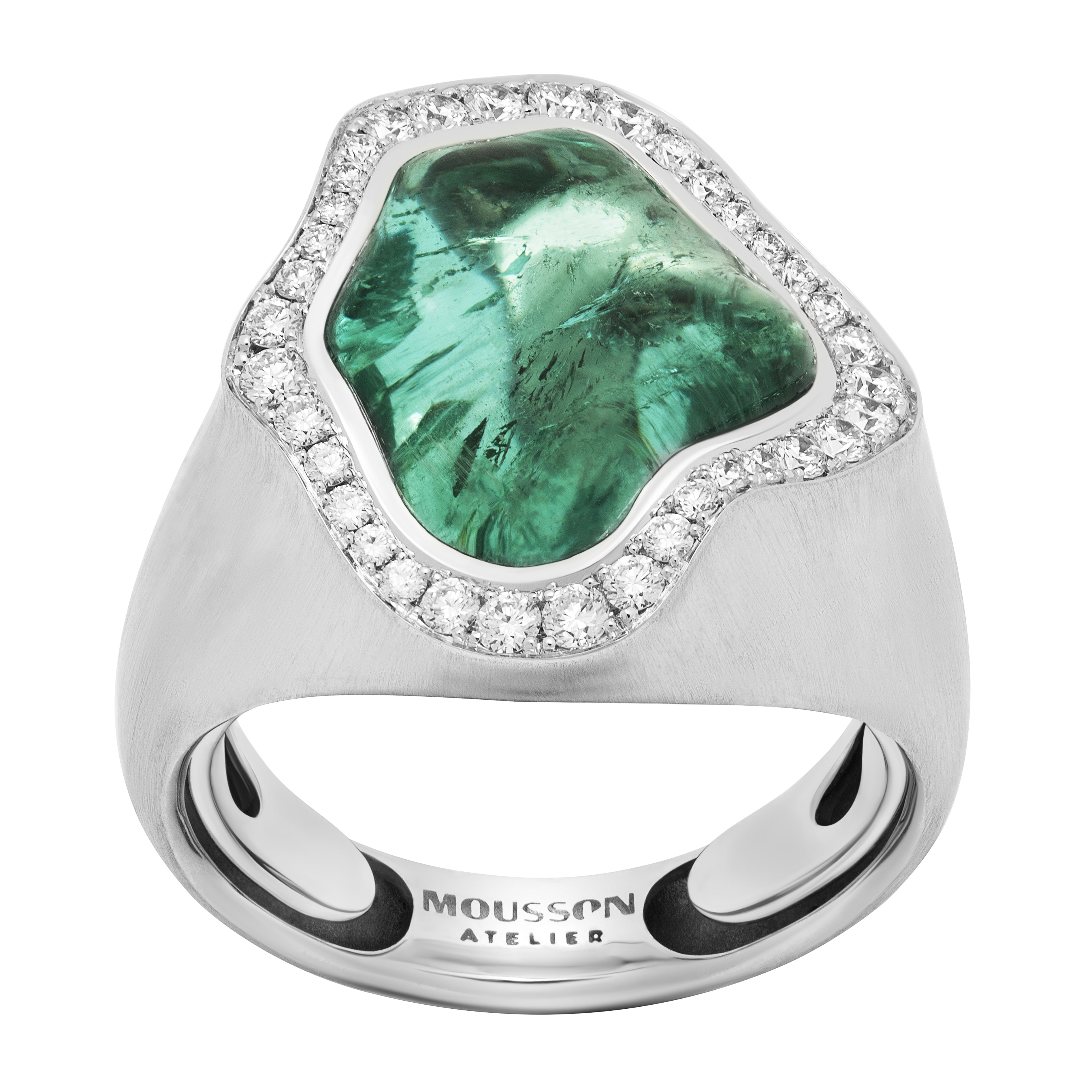 R 0030-29/1 18K White Gold, Green Tourmaline, Diamonds Ring