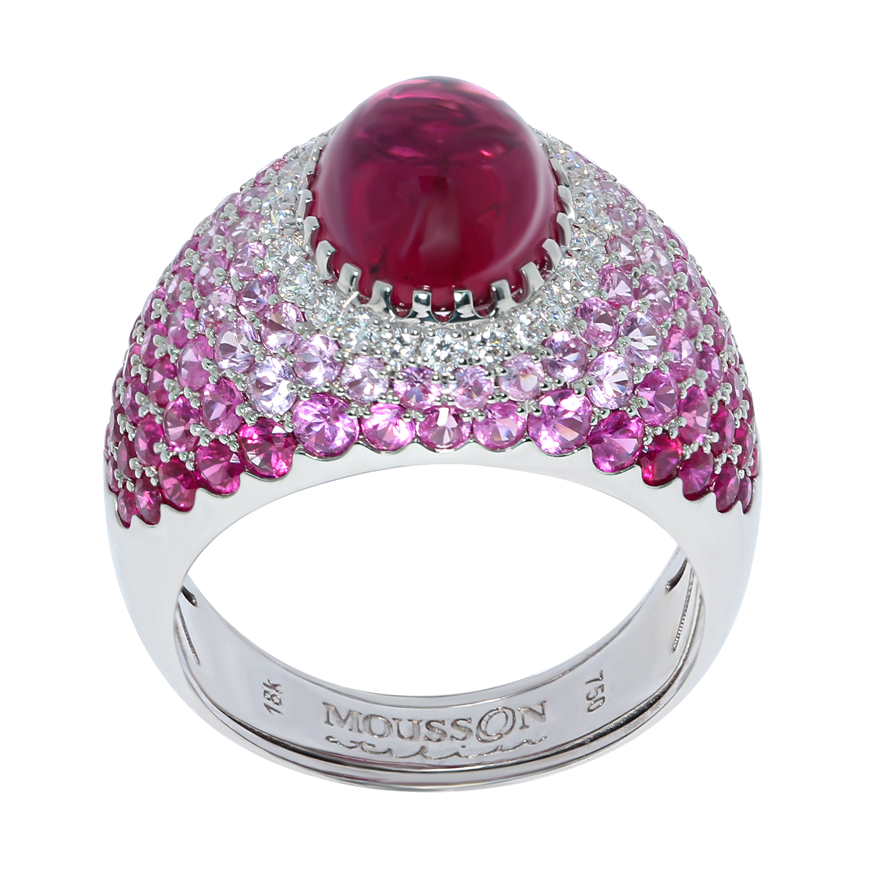 R 0072-0, 18K White Gold, Rubbelite, Diamonds, Ruby, Pink Sapphires Ring