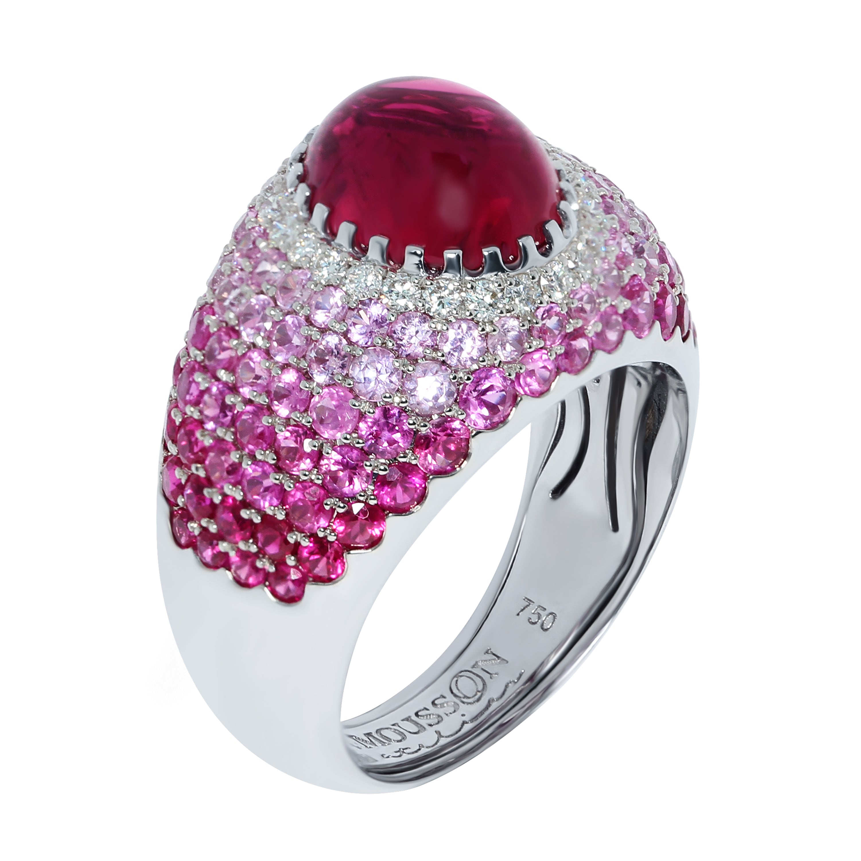 R 0072-0, 18K White Gold, Rubbelite, Diamonds, Ruby, Pink Sapphires Ring