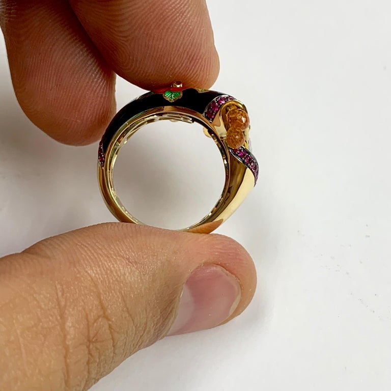 R 0097-0 18K Yellow Gold, Enamel, Ruby, Yellow and Orange Sapphire Ring