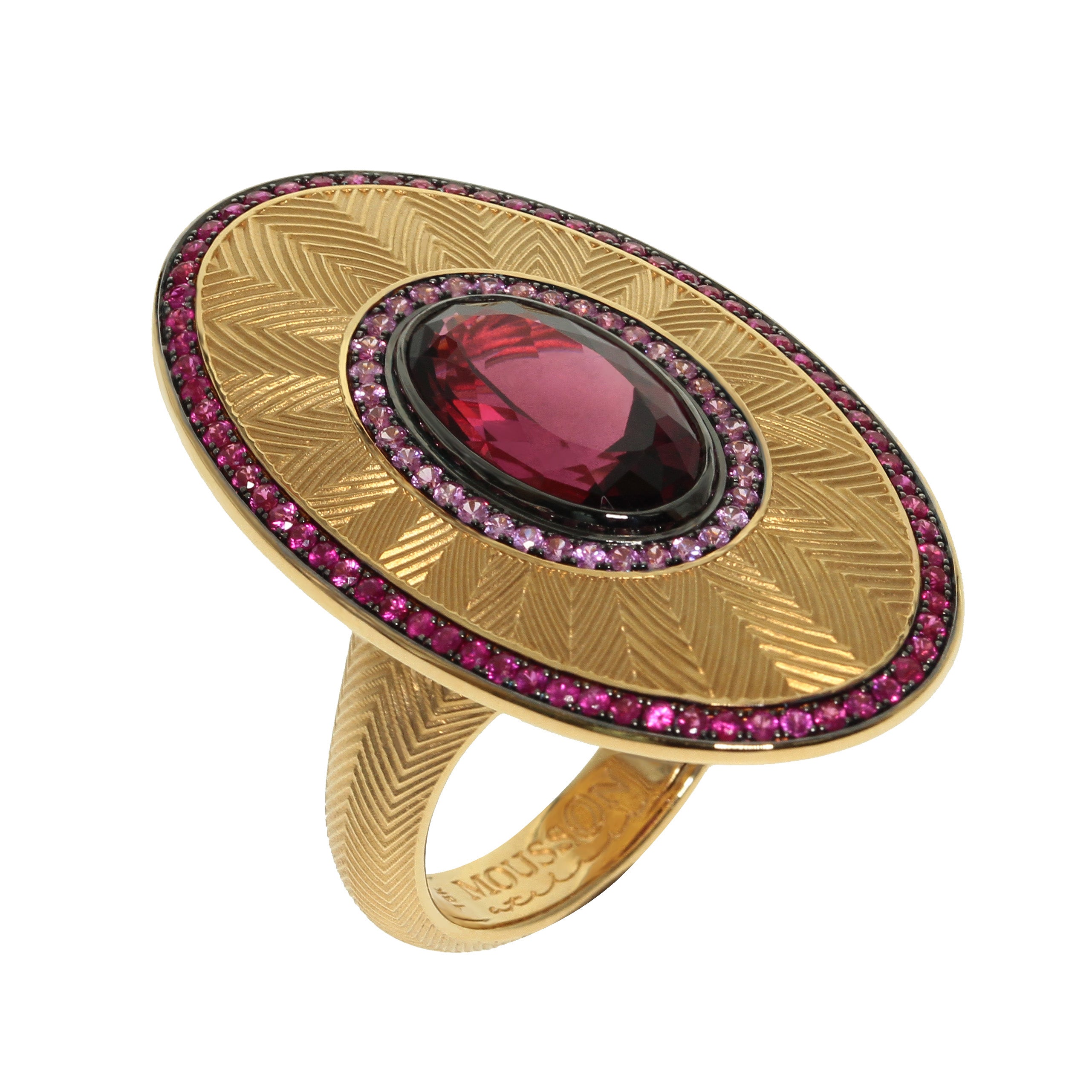 R 0105-1 18K Yellow Gold, Rhodolite Garnet, Ruby, Pink Sapphire Ring