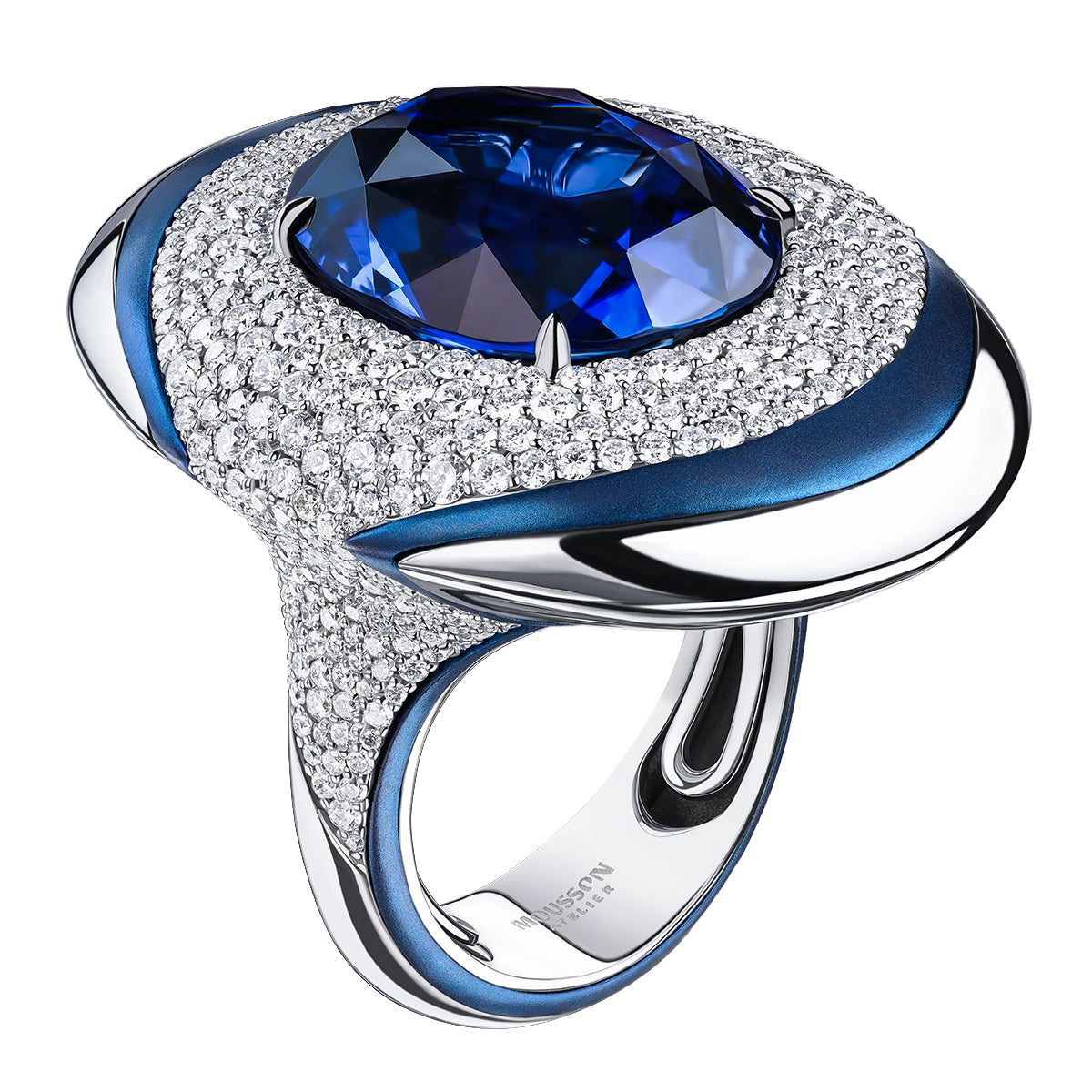 Certified Blue Sapphire, Diamonds Titanium 18K White Gold Ring, R 0118-1