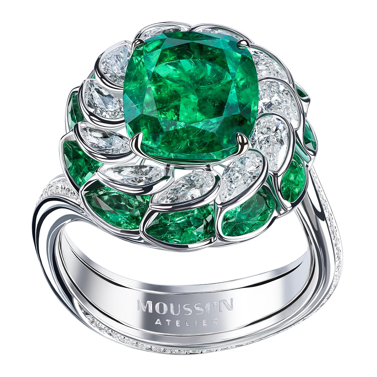 Emeralds, Diamonds 18K White Gold Ring, R 0119-0