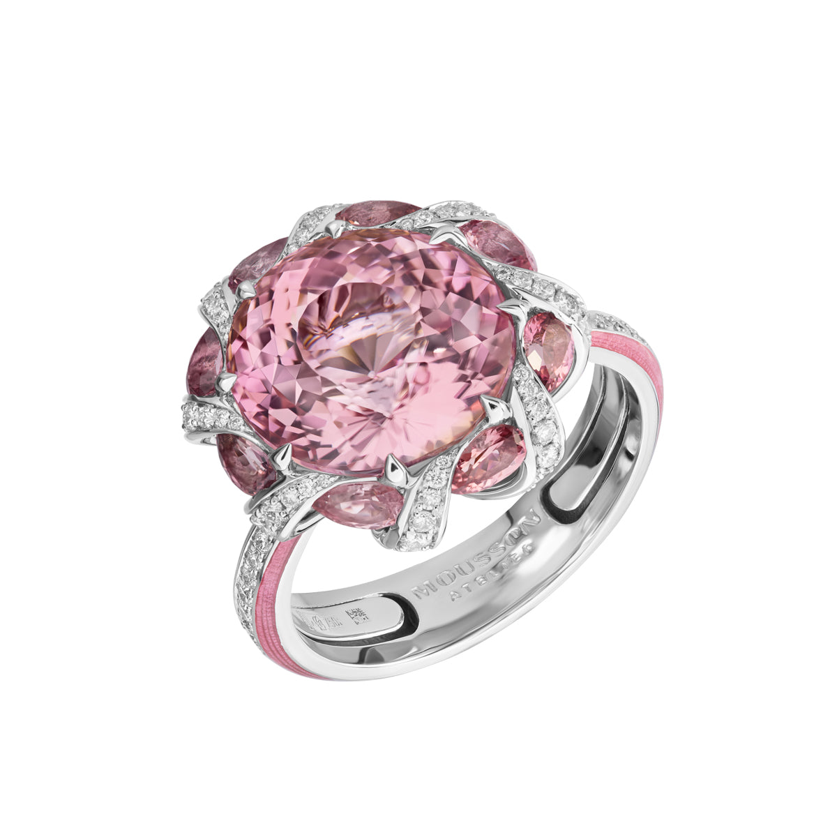 R 0122-1 18K White Gold, Pink Tourmaline, Enamel, Diamonds Ring