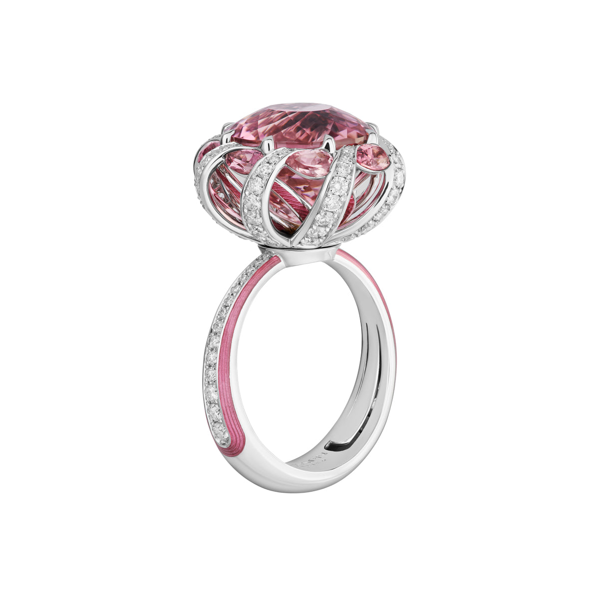 R 0122-1 18K White Gold, Pink Tourmaline, Enamel, Diamonds Ring