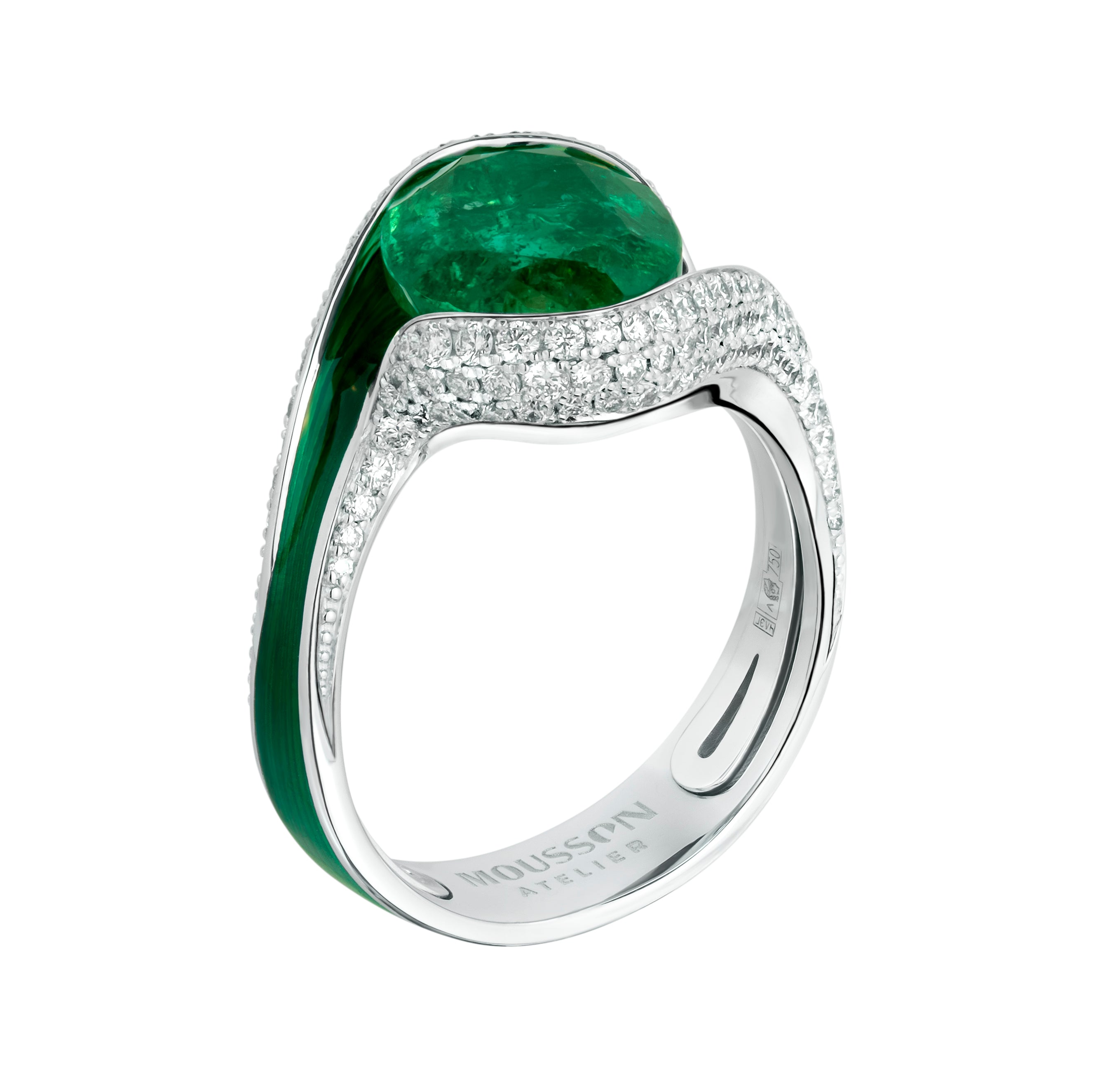 R 0123-0 18K White Gold, Enamel, Emerald, Diamonds Ring