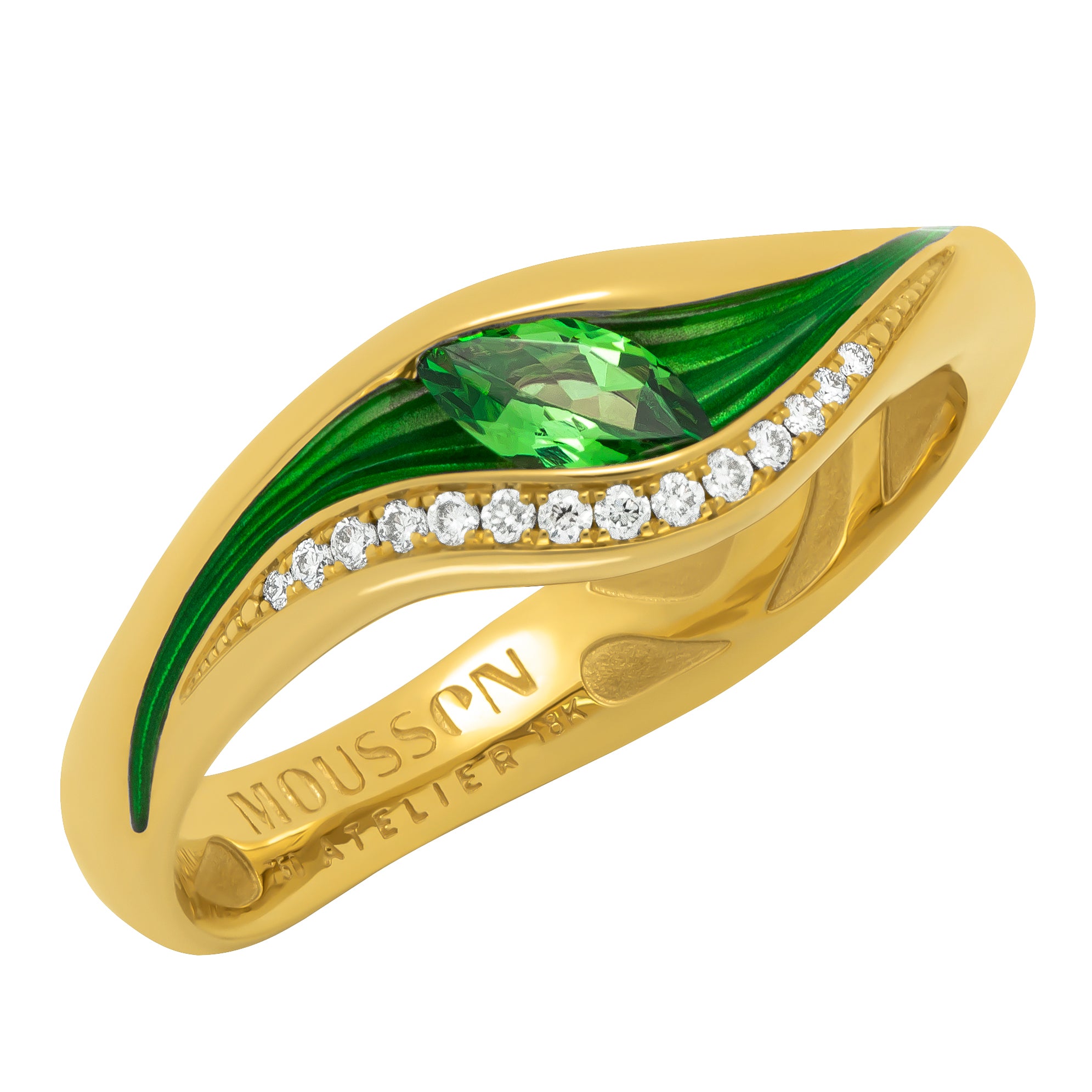 R 0123-8 18K Yellow Gold, Enamel, Tsavorite Garnet, Diamonds Ring
