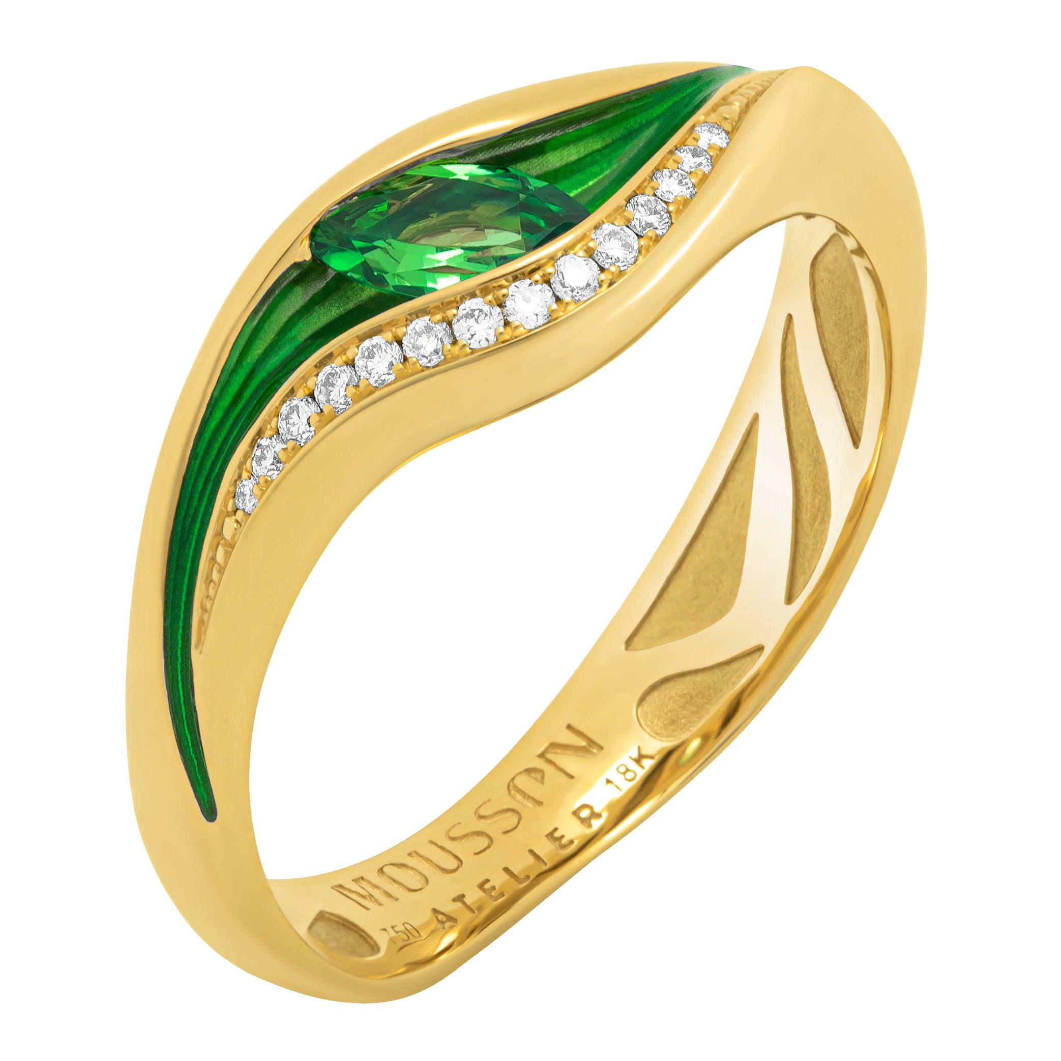 R 0123-8 18K Yellow Gold, Enamel, Tsavorite Garnet, Diamonds Ring