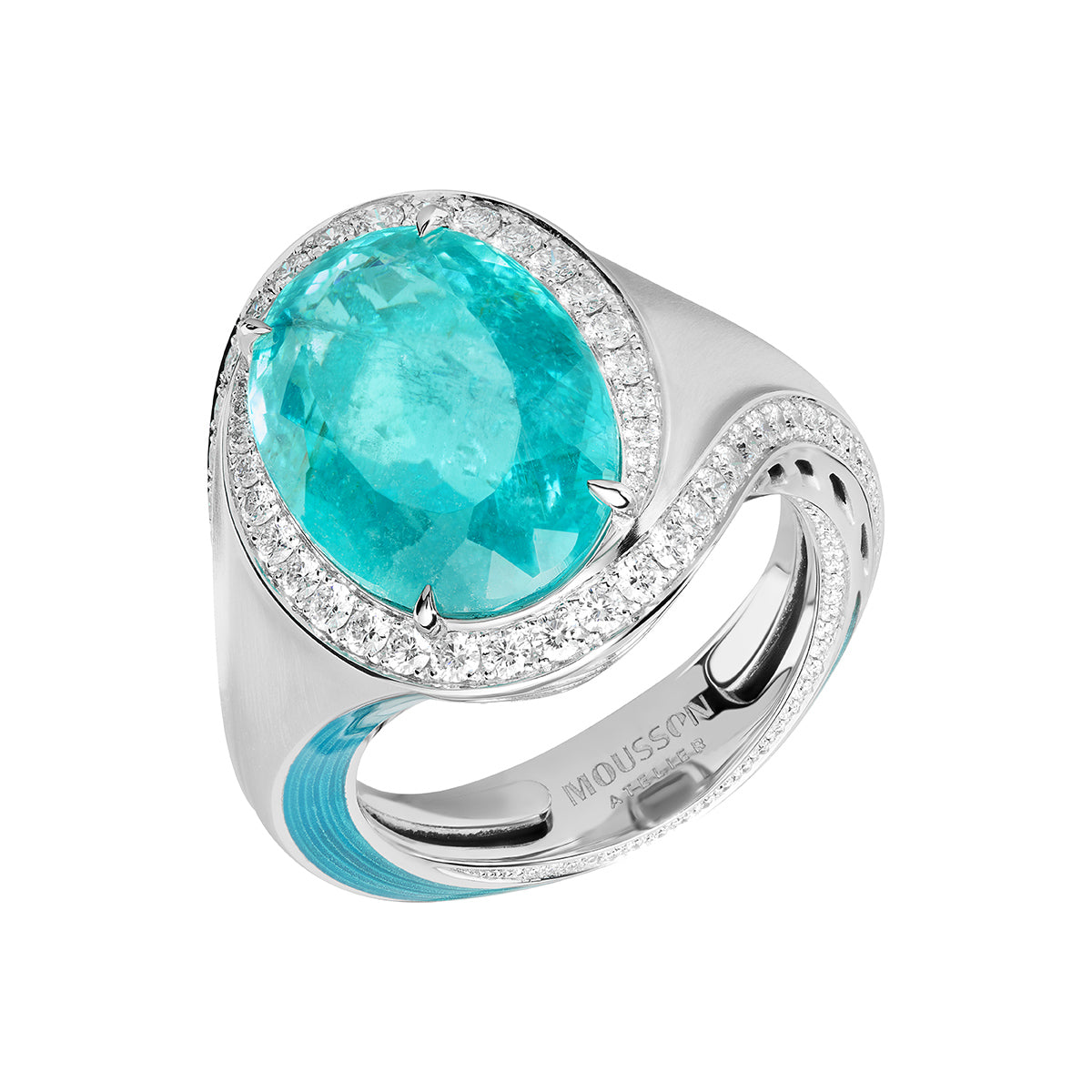 R 0143-09, 18K White Gold, Tourmaline Paraiba, Diamonds, Enamel Ring