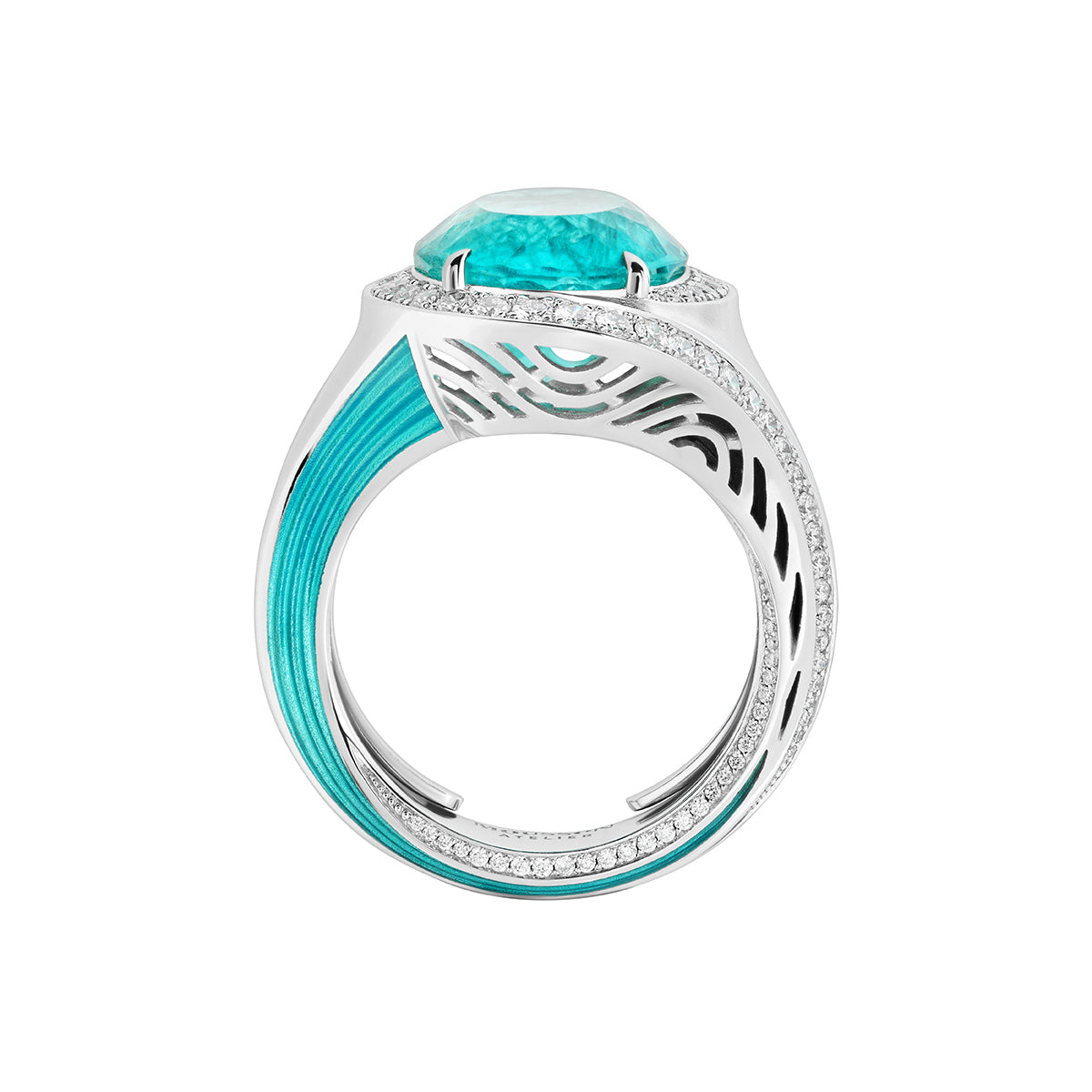 R 0143-09, 18K White Gold, Tourmaline Paraiba, Diamonds, Enamel Ring