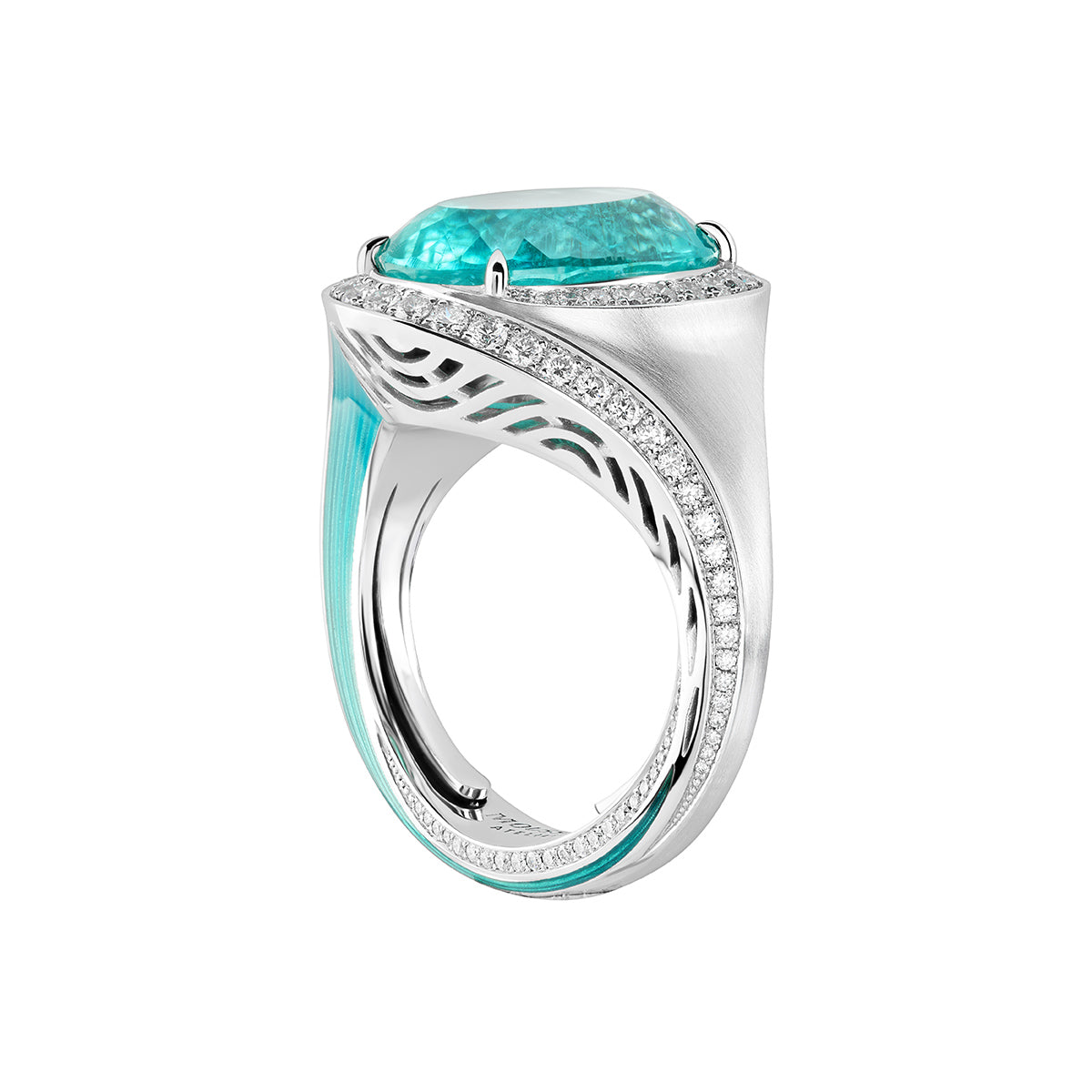 R 0143-09, 18K White Gold, Tourmaline Paraiba, Diamonds, Enamel Ring