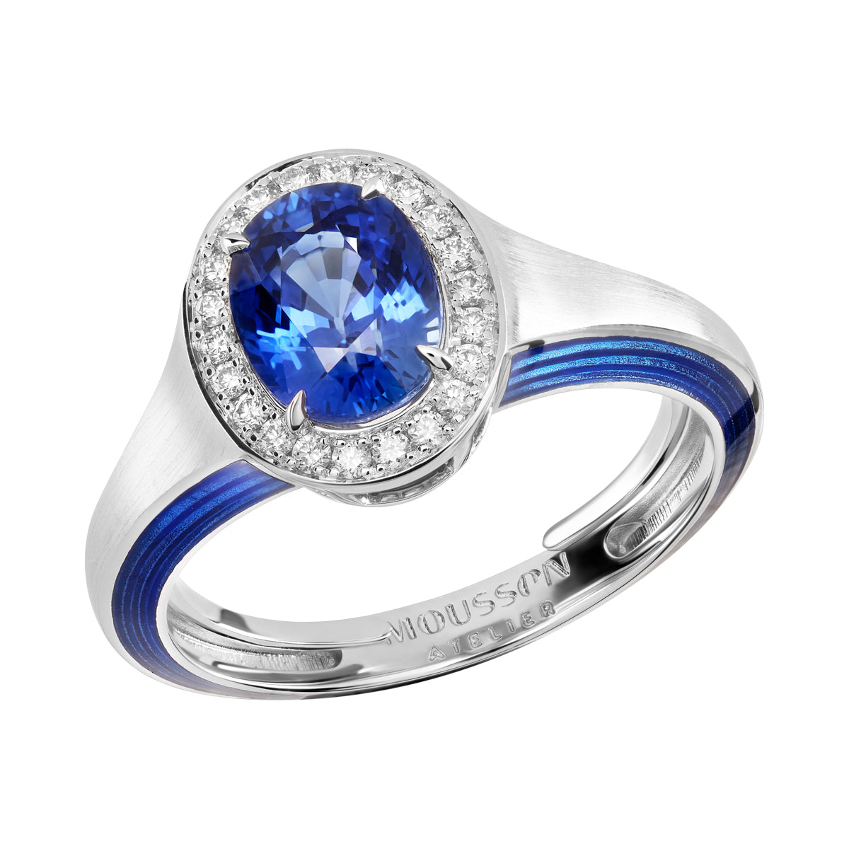 R 0143-0, 18K White Gold, Blue Sapphire, Diamonds, Enamel Ring