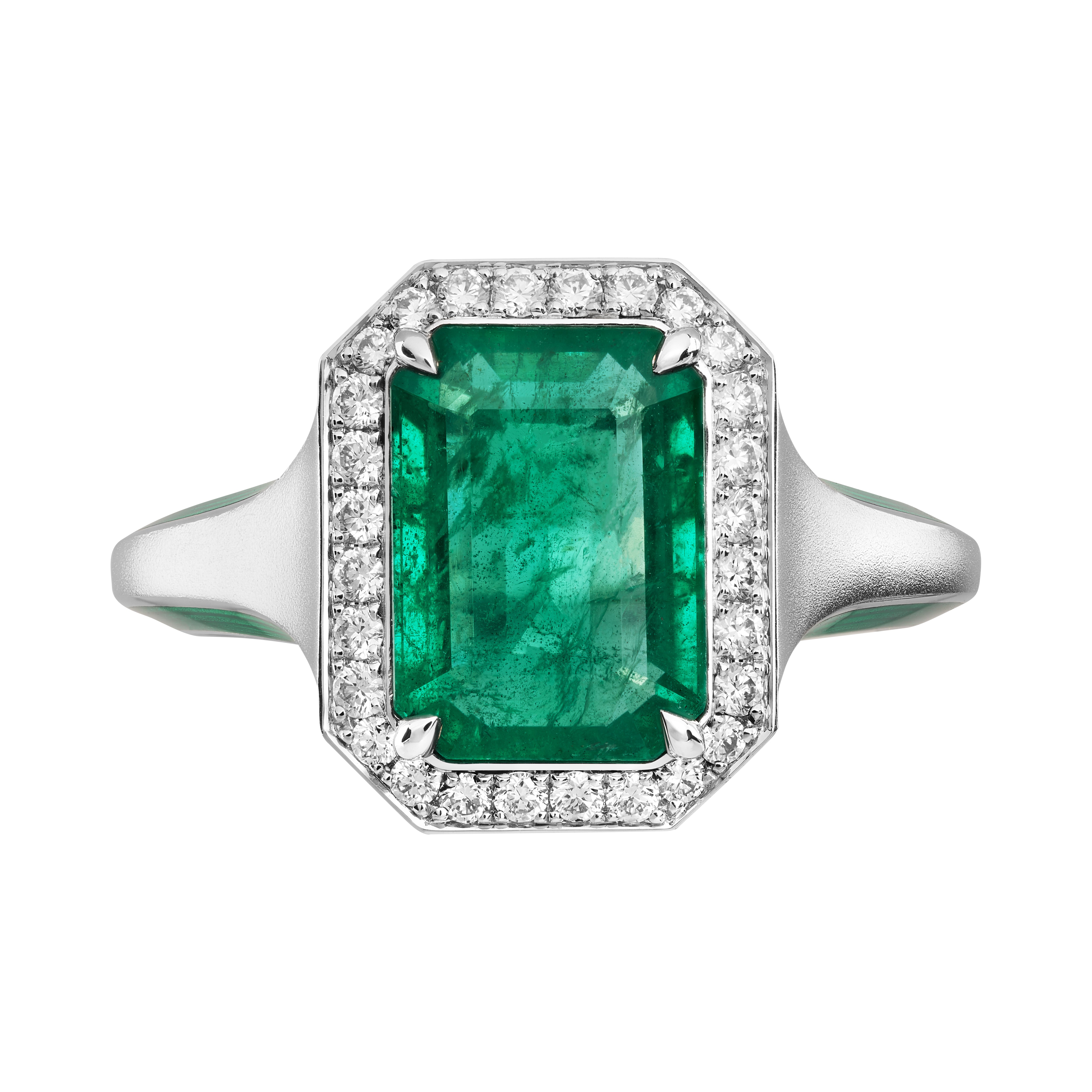 R 0143-11, 18K White Gold, Emerald, Diamonds, Enamel Ring