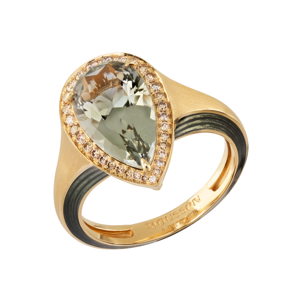 R 0143-21, 18K Yellow Gold, Green Amethyst, Champagne Diamonds, Enamel Ring