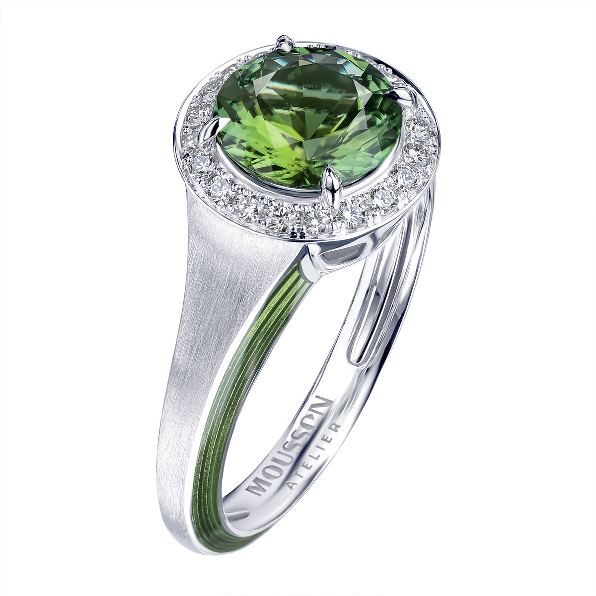 Green Tourmaline, Diamonds, Enamel 18K White Gold Ring, R 0143-3