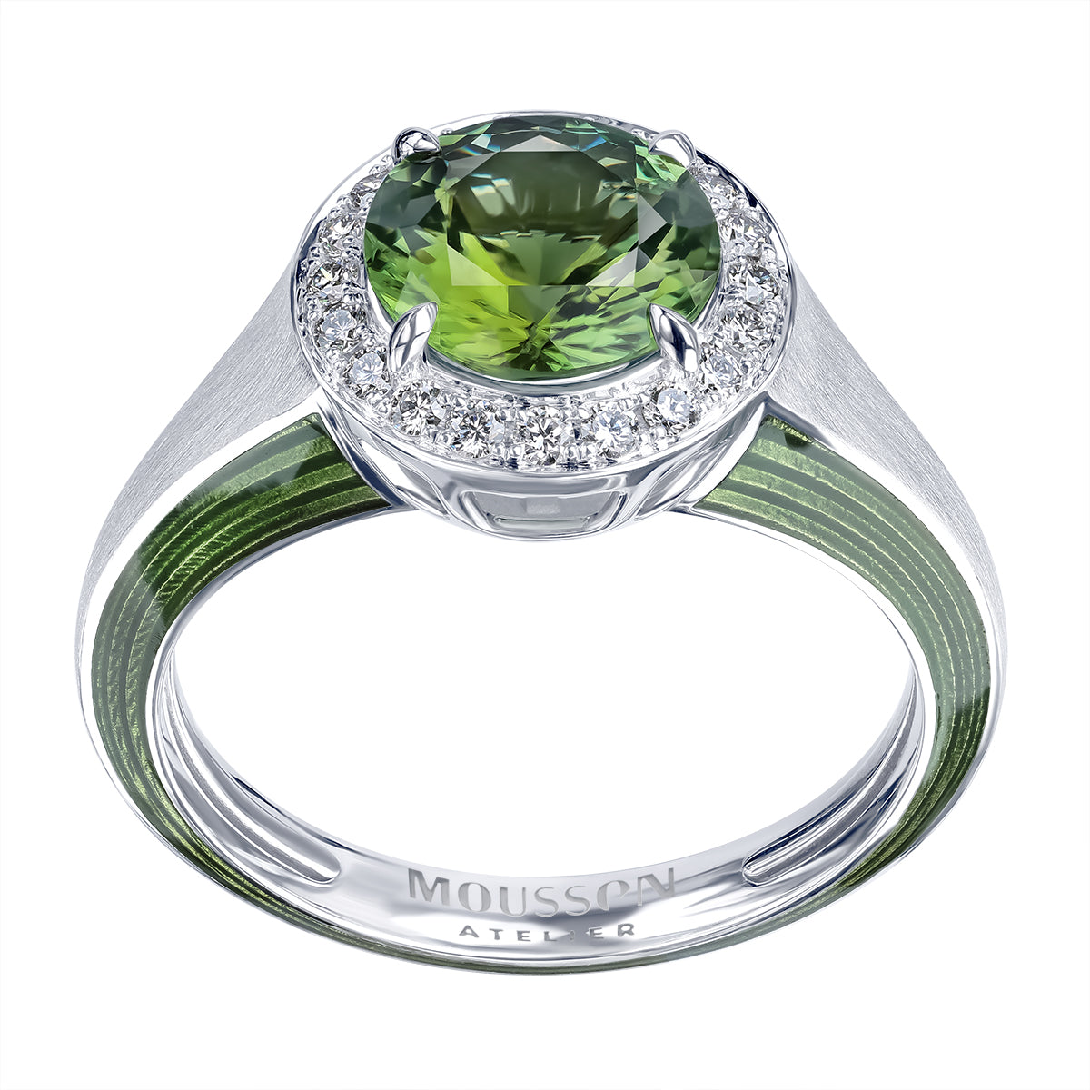 Green Tourmaline, Diamonds, Enamel 18K White Gold Ring, R 0143-3