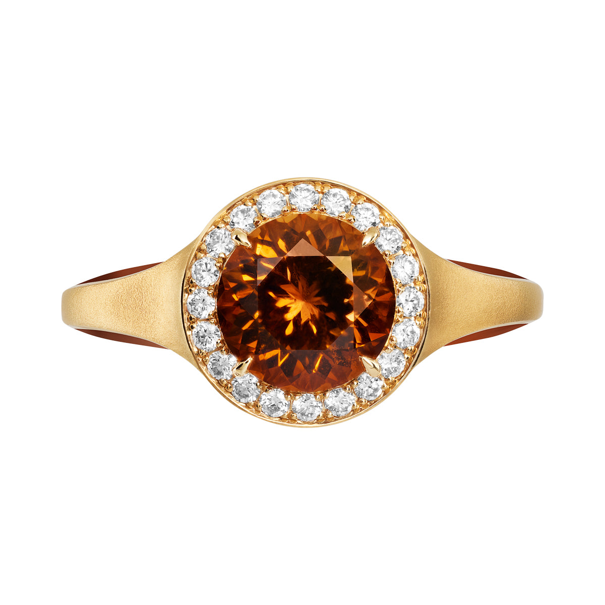 R 0143-3, 18K Yellow Gold, Cognac Tourmaline, Diamonds, Enamel Ring