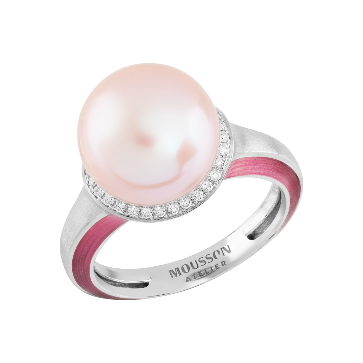 R 0143-4, 18K White Gold, Pink Freshwater Pearl, Diamonds, Enamel Ring