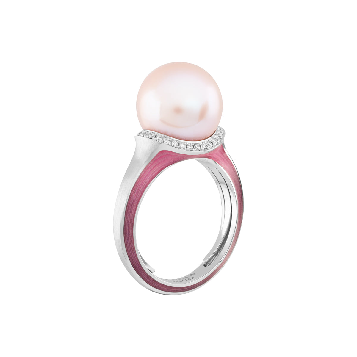 R 0143-4, 18K White Gold, Pink Freshwater Pearl, Diamonds, Enamel Ring