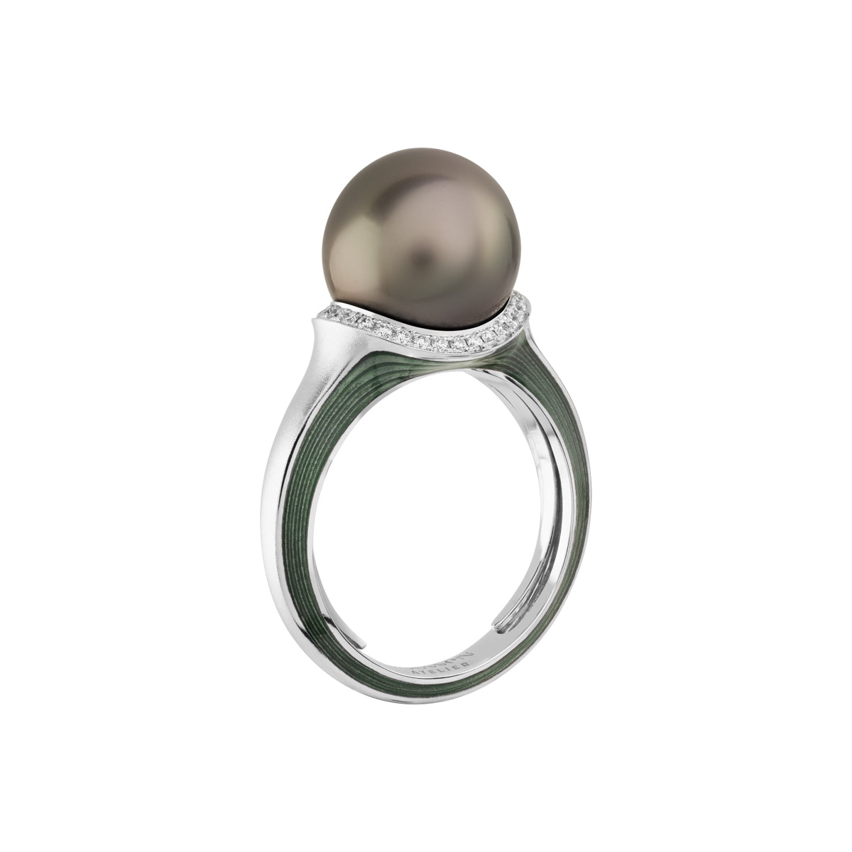 R 0143-4, 18K White Gold, Tahiti Pearl, Diamonds, Enamel Ring