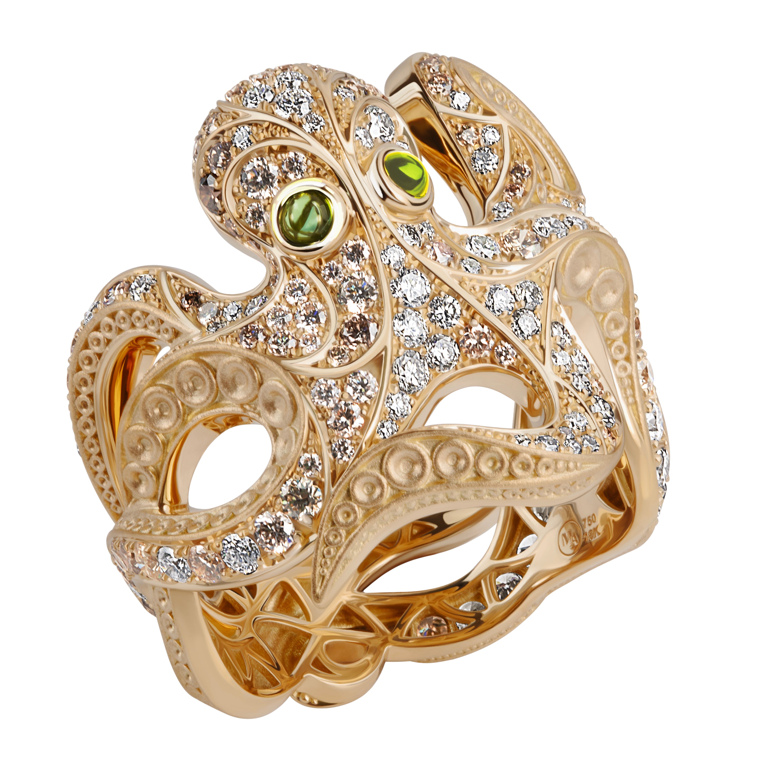 Diamonds, Champagne Diamonds, Tourmalines 18K Yellow Gold Octopus Ring, R 0162-1