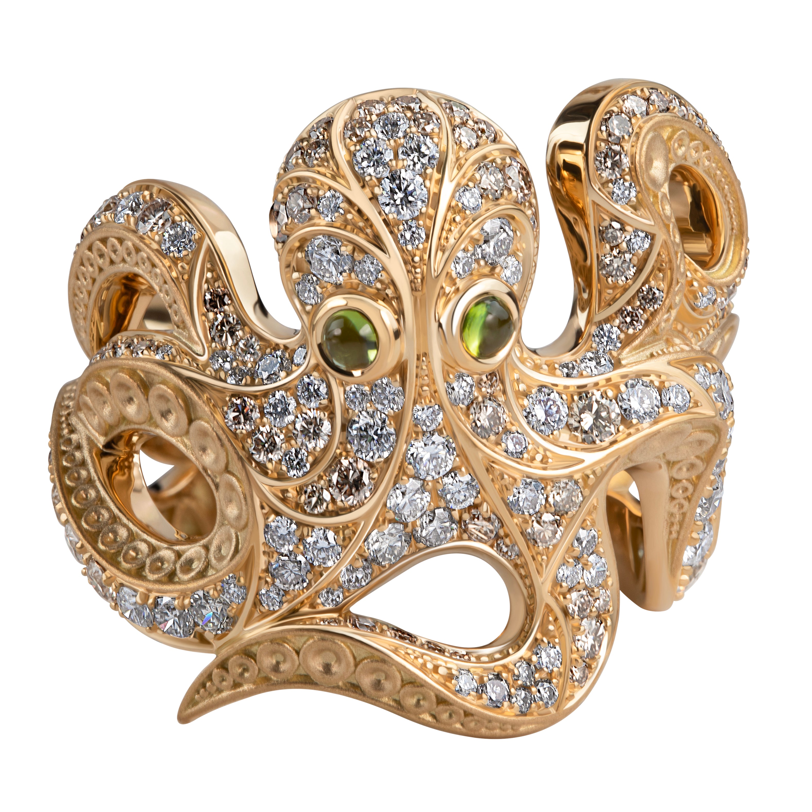Diamonds, Champagne Diamonds, Tourmalines 18K Yellow Gold Octopus Ring, R 0162-1