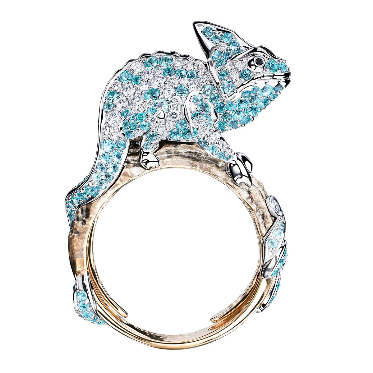 Paraiba Tourmaline, Diamonds 18K Yellow Gold Chameleon Ring, R 0166-1