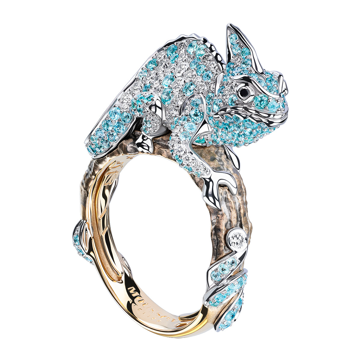 Paraiba Tourmaline, Diamonds 18K Yellow Gold Chameleon Ring, R 0166-1
