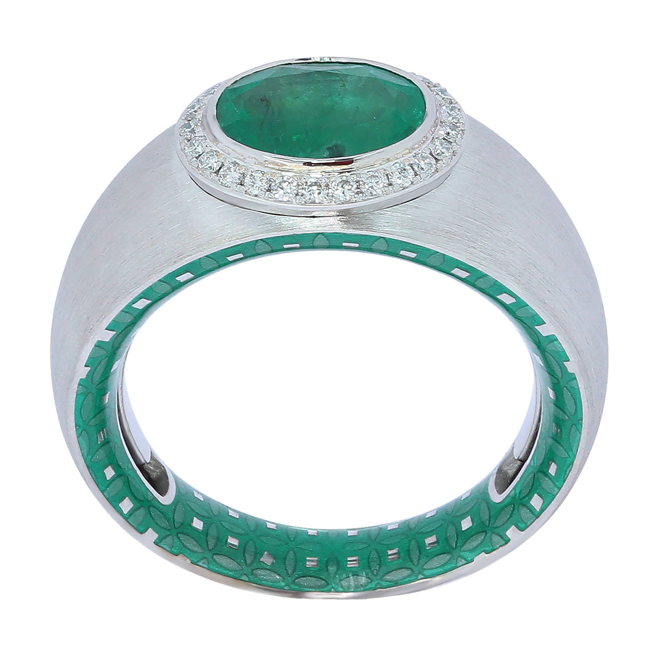 R 0177-92, 18K White Gold, Emerald, Diamonds Enamel Ring