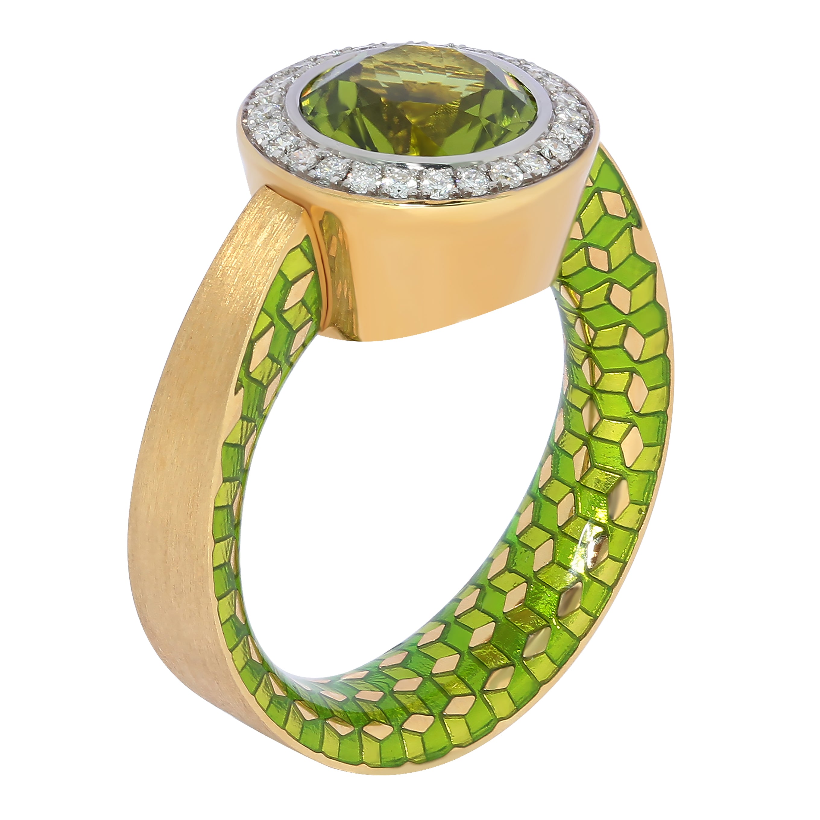 R 0178-10, 18K Yellow Gold, Enamel, Peridot, Diamonds Ring