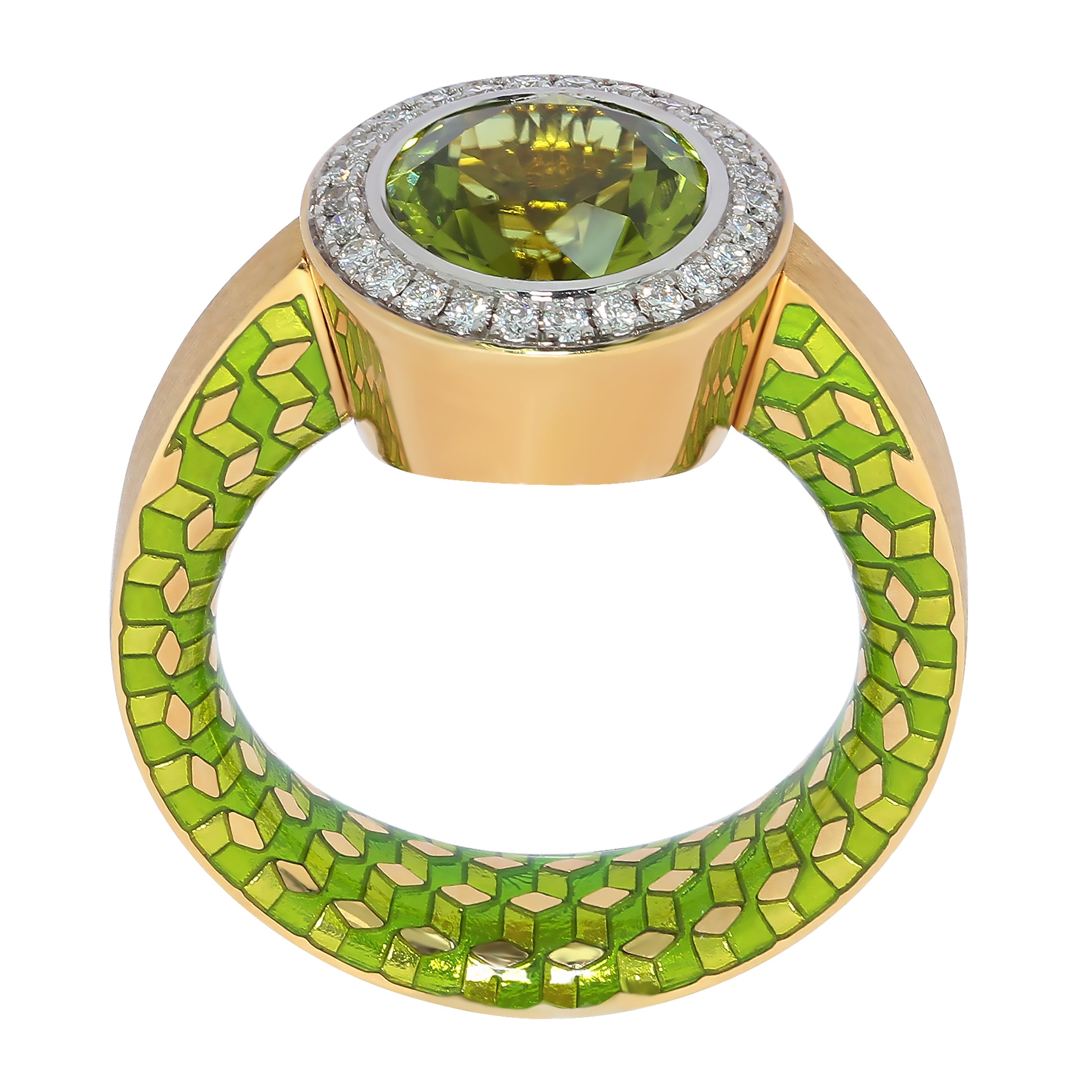 R 0178-10, 18K Yellow Gold, Enamel, Peridot, Diamonds Ring