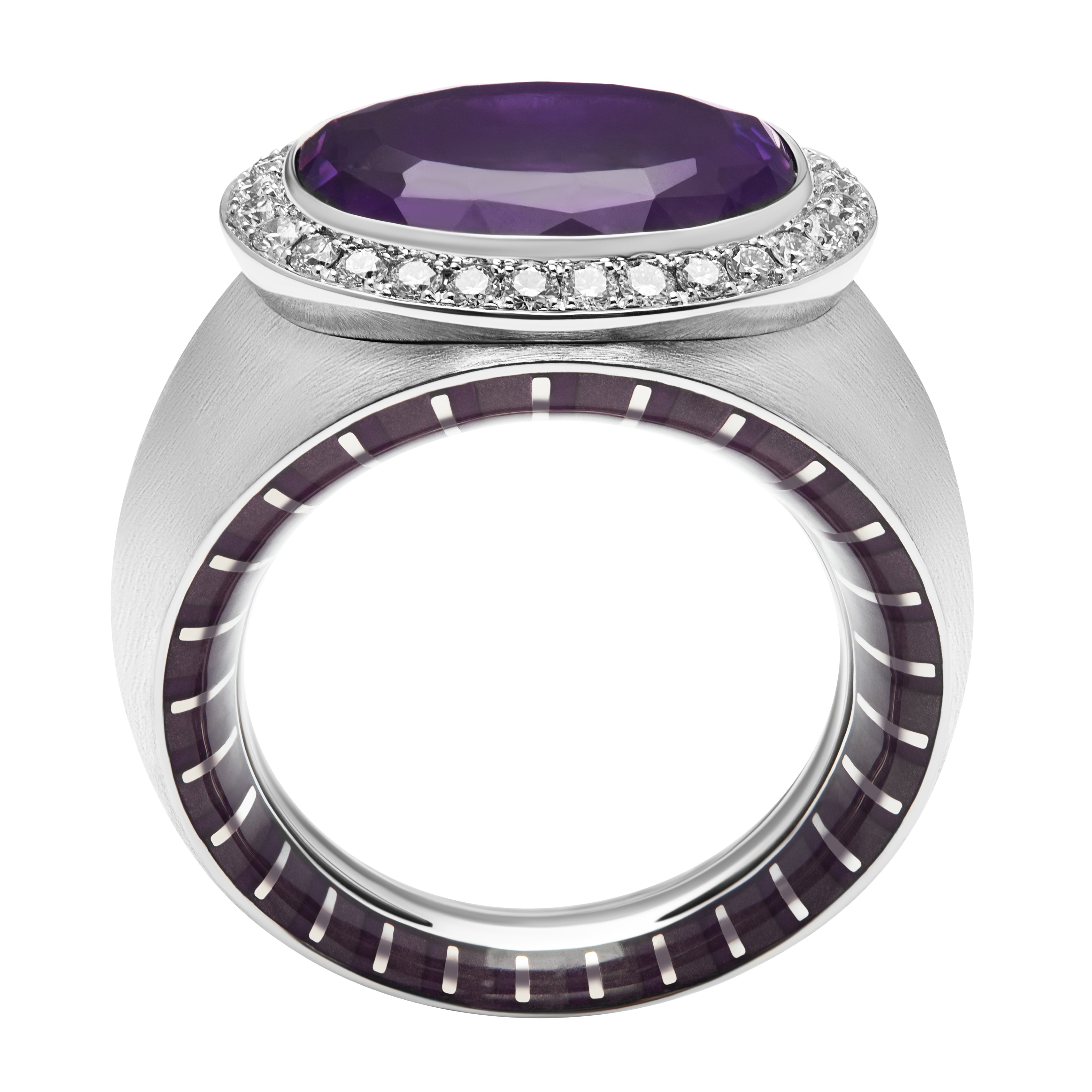 R 0178-61, 18K White Gold, Enamel, Amethyst, Diamonds Ring