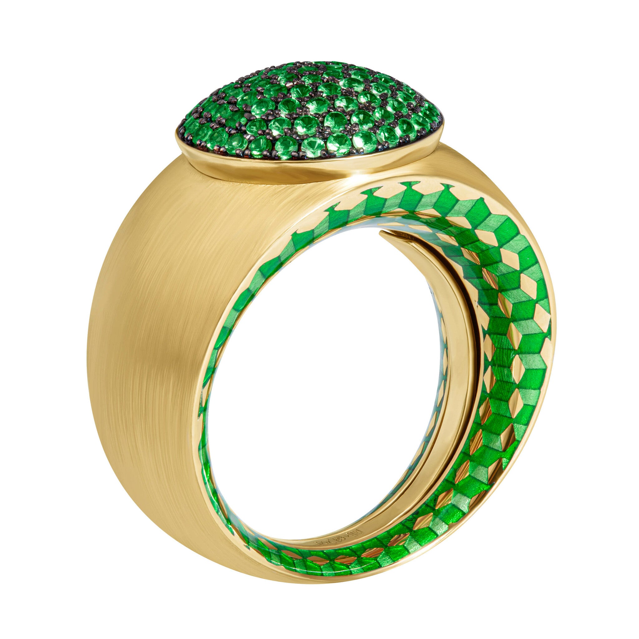 R 0178-72, 18K Yellow Gold, Tsavorite, Enamel Ring