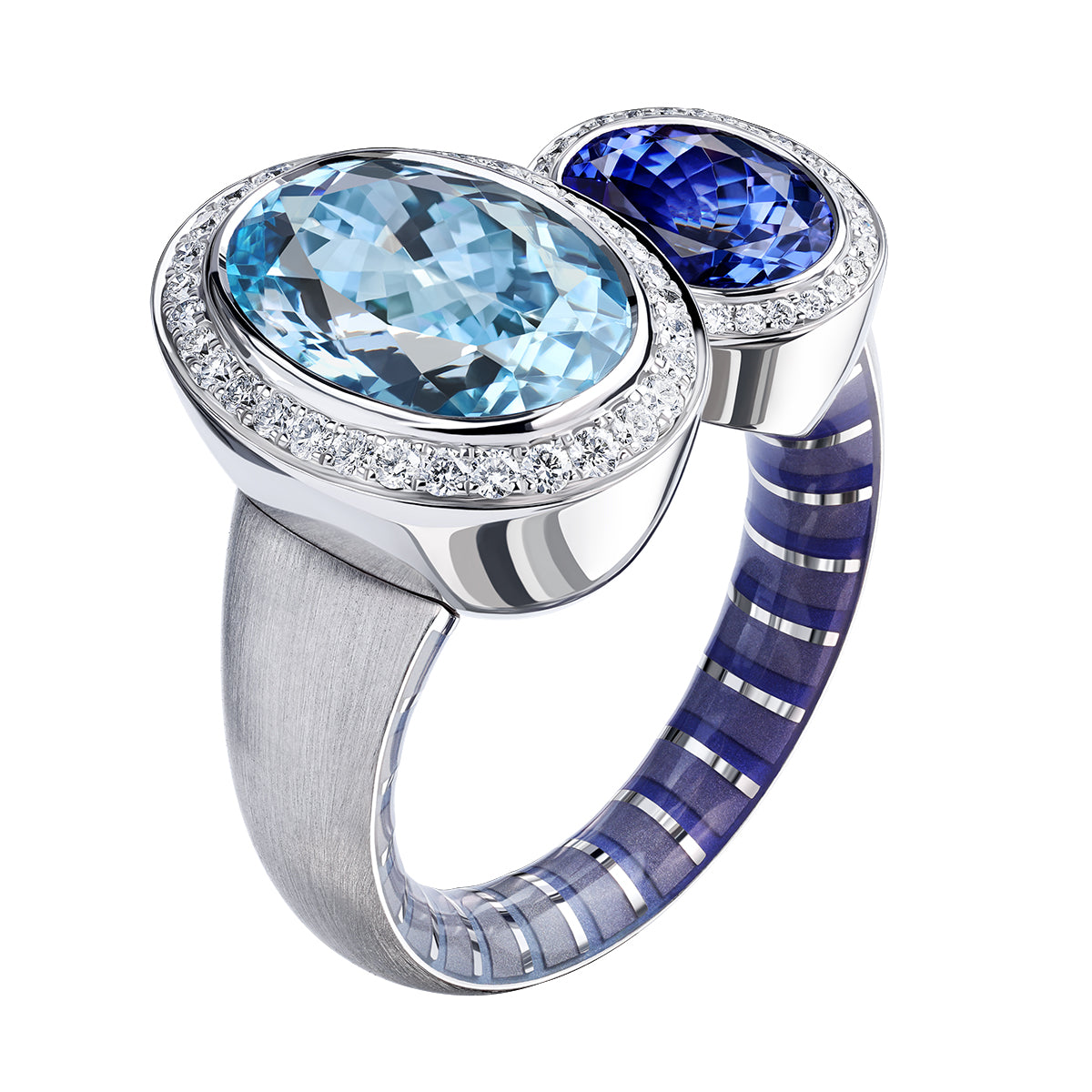 Aquamarine, Tanzanite, Diamonds, Enamel 18K White Gold Ring, R 0178-91