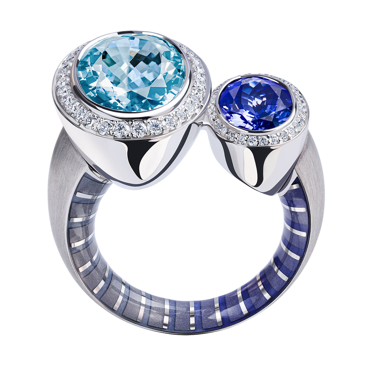 Aquamarine, Tanzanite, Diamonds, Enamel 18K White Gold Ring, R 0178-91