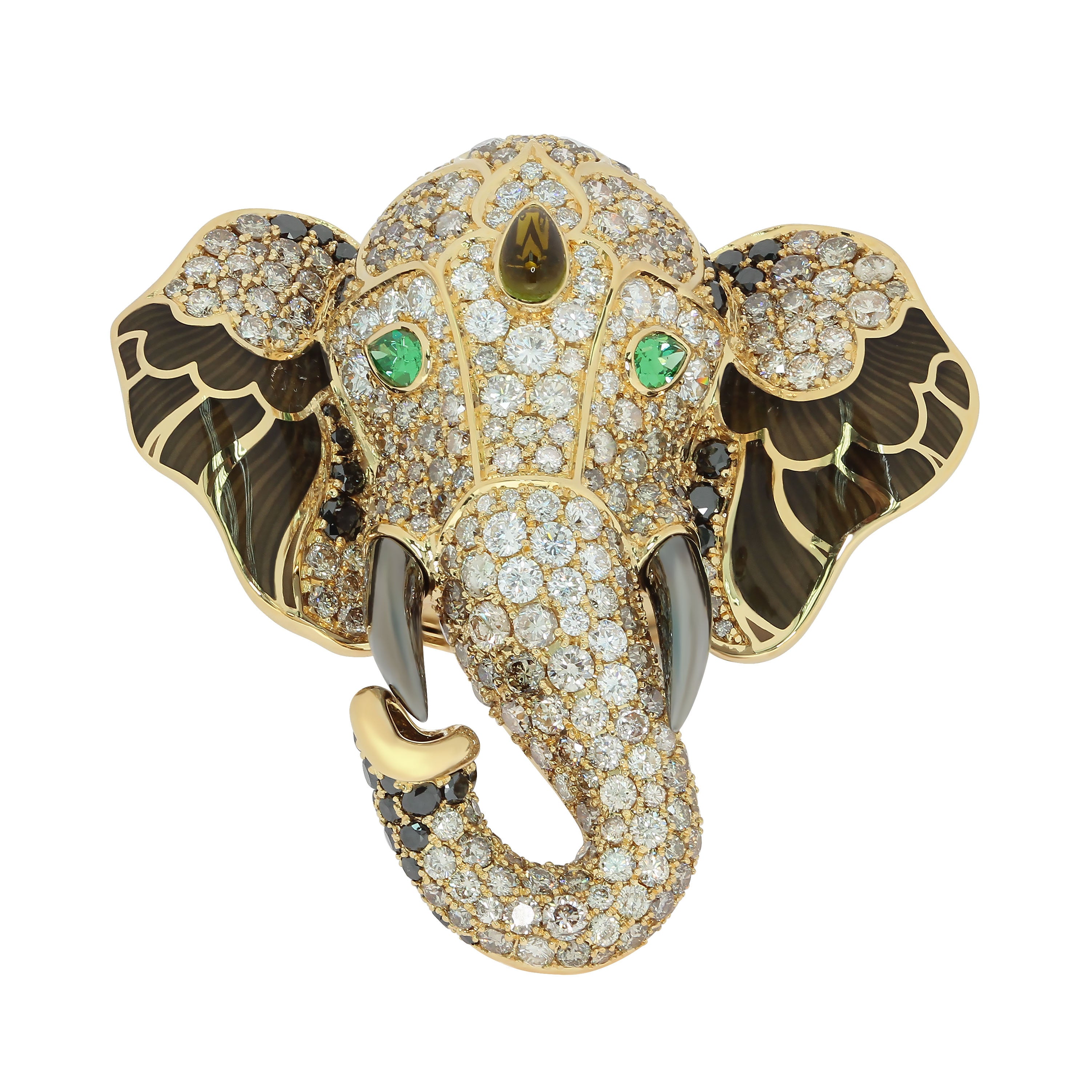 R 0239-1 18K Yellow Gold, Diamonds, Tsavorites Enamel Elephant Ring