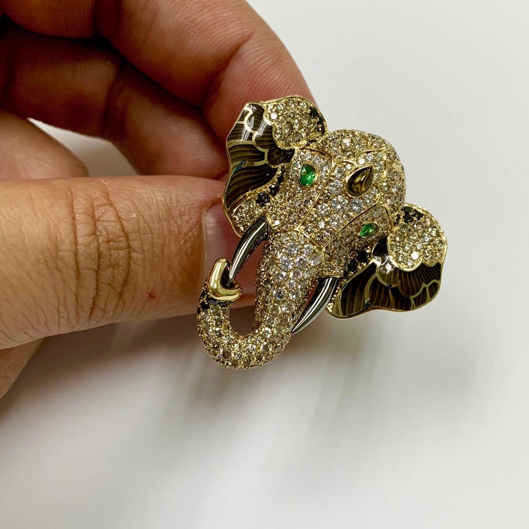 R 0239-1 18K Yellow Gold, Diamonds, Tsavorites Enamel Elephant Ring