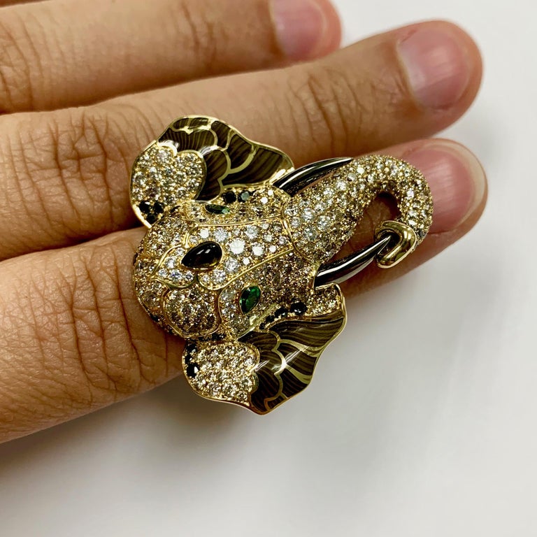 R 0239-1 18K Yellow Gold, Diamonds, Tsavorites Enamel Elephant Ring