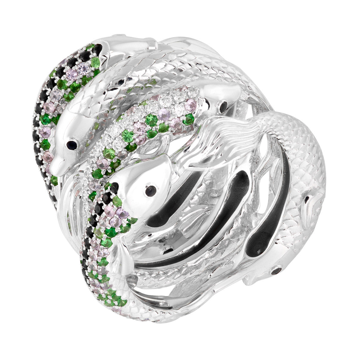 Sapphires, Tsavorites, Diamonds 18K White Gold Fish Ring, R 0251-1