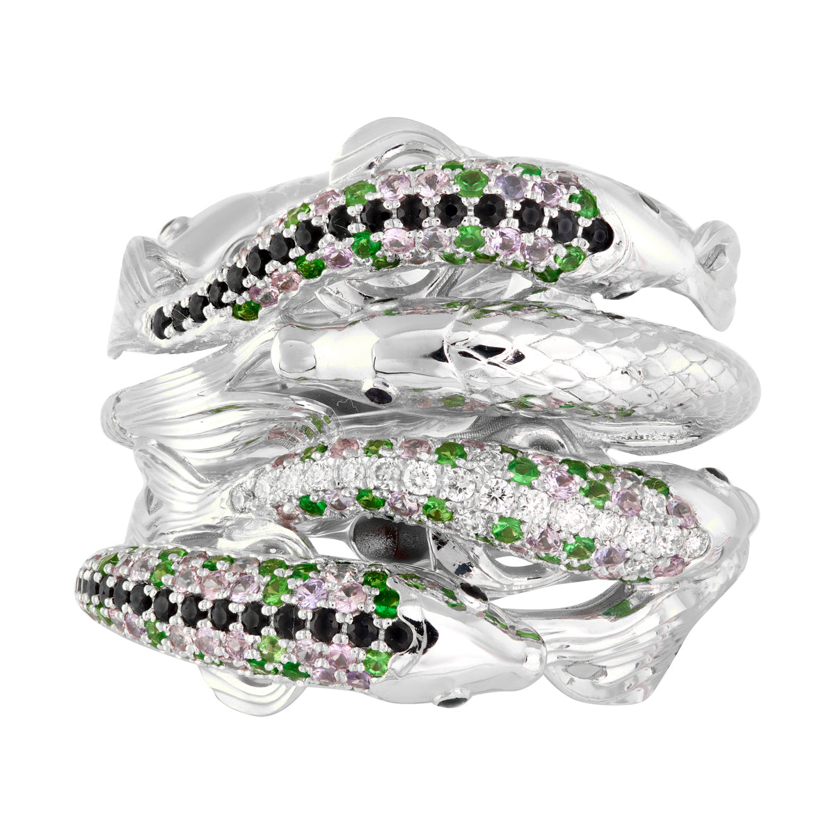 Sapphires, Tsavorites, Diamonds 18K White Gold Fish Ring, R 0251-1