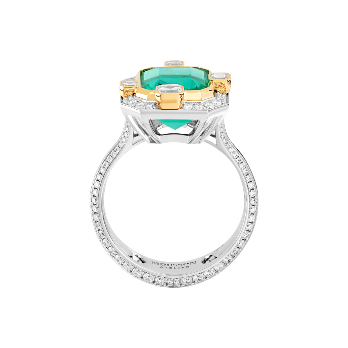 R 0288-1 18K White and Yellow Gold, Emerald, Diamonds Ring