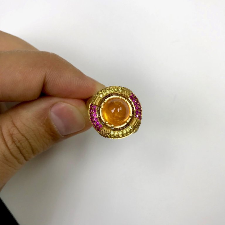 R 0293-0, 18K Yellow Gold, Spessartine Garnet, Pink and Yellow Sapphires Lifebuoy Ring
