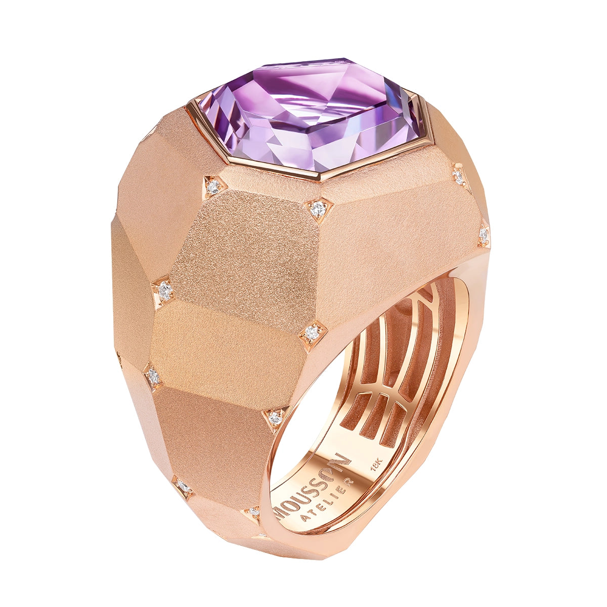 A geometric rose gold ring featuring a large faceted amethyst gemstone and small diamond accents, shown on a clean white background.